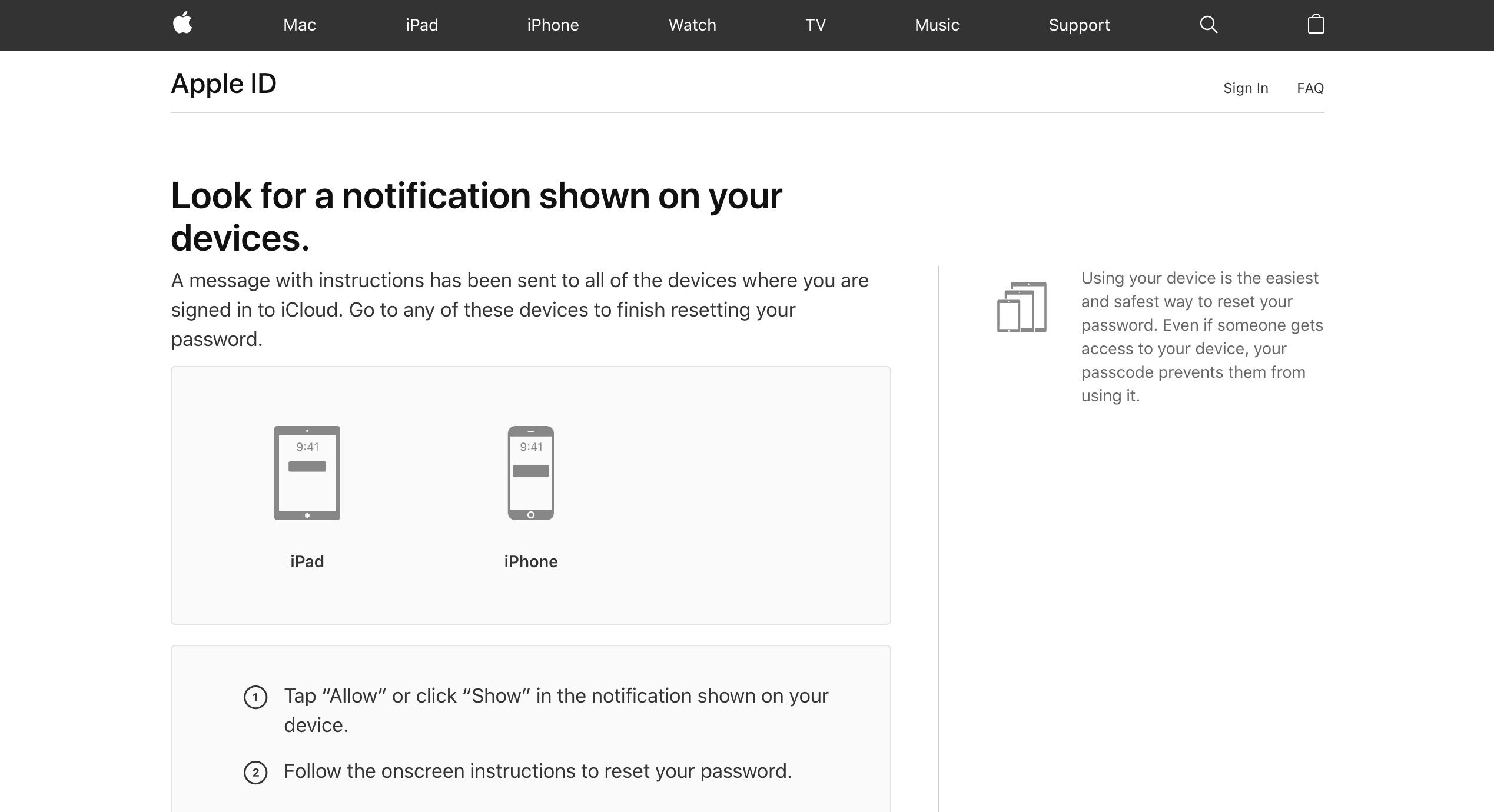 Etsi ilmoitus, joka näkyy laitteesi viestissä Unohtunut Apple ID -verkkosivulla