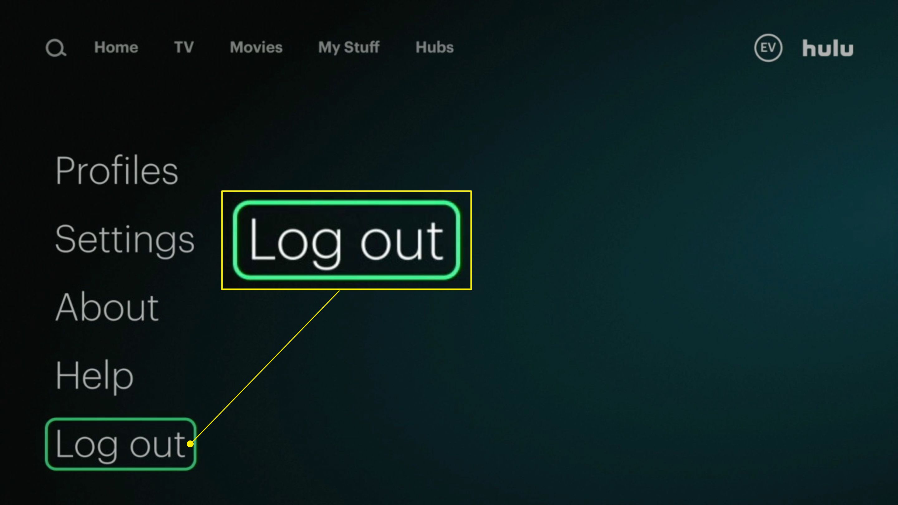 "Kirjaudu ulos" -vaihtoehto korostettuna Hulu-sovelluksessa