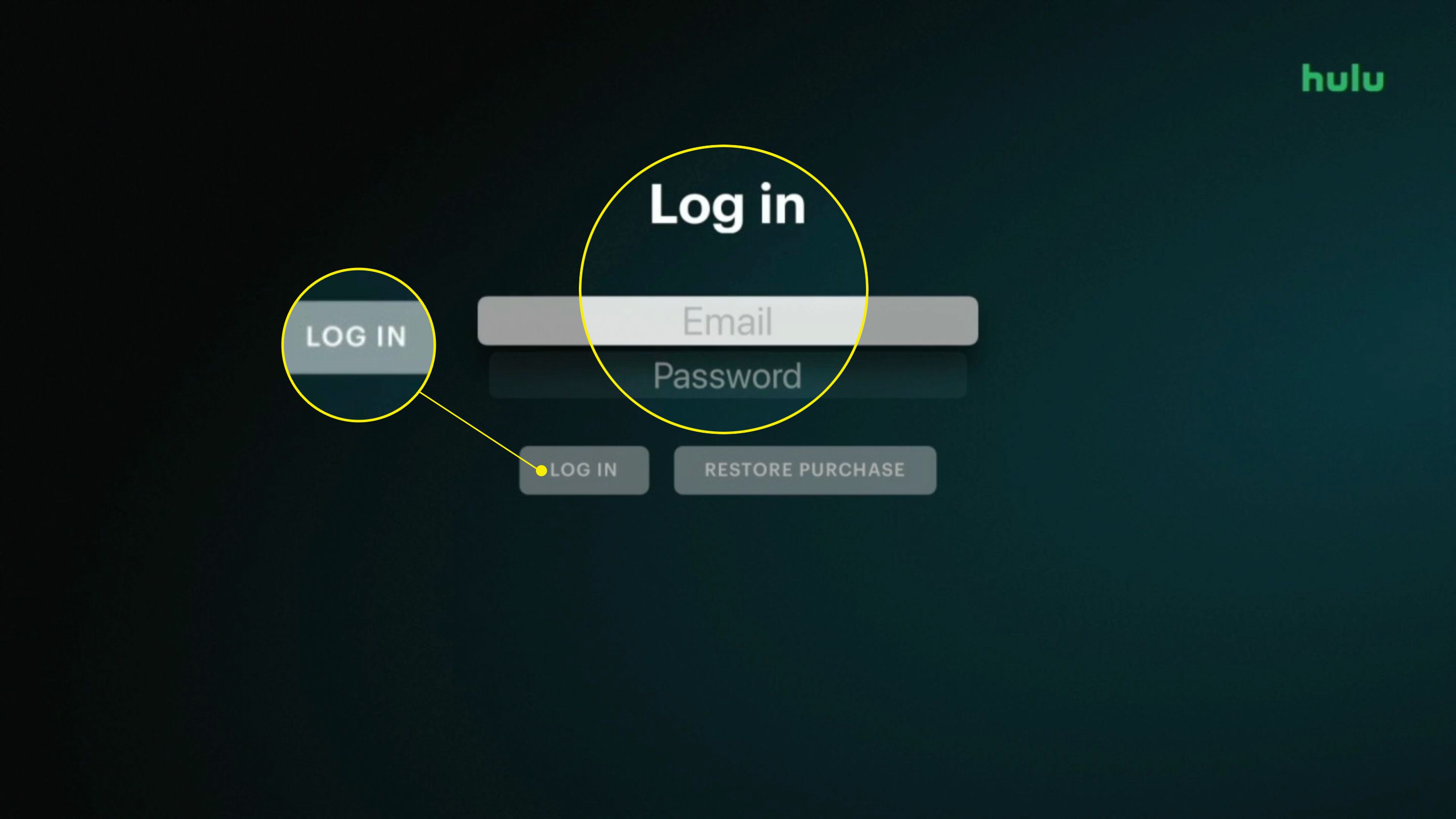 Hulu-sovelluksen kirjautumissivu, jossa kirjautuminen ja sähköposti-/salasanakentät korostettuina