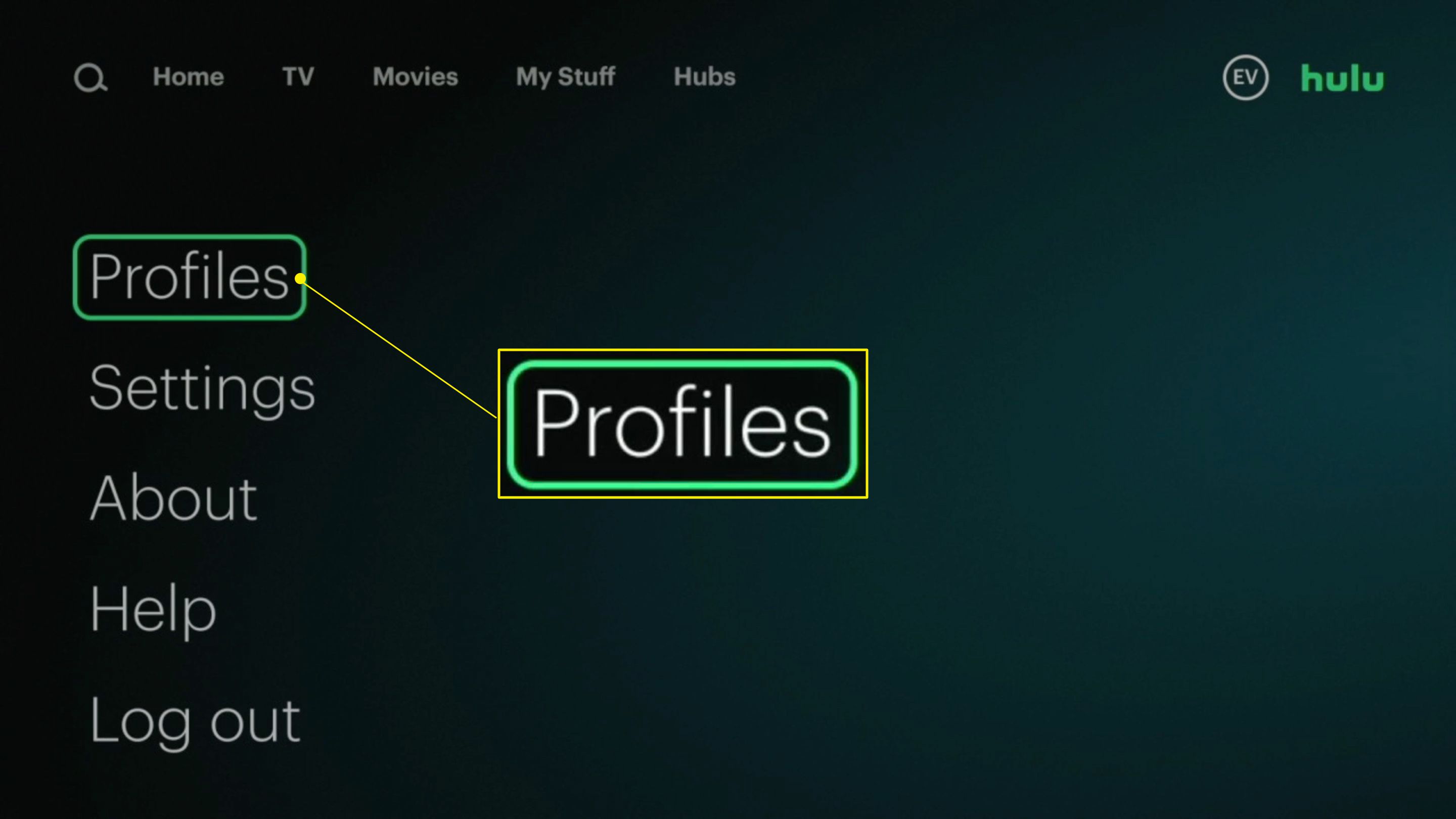 Profiilit-vaihtoehto korostettuna Hulu-sovelluksessa