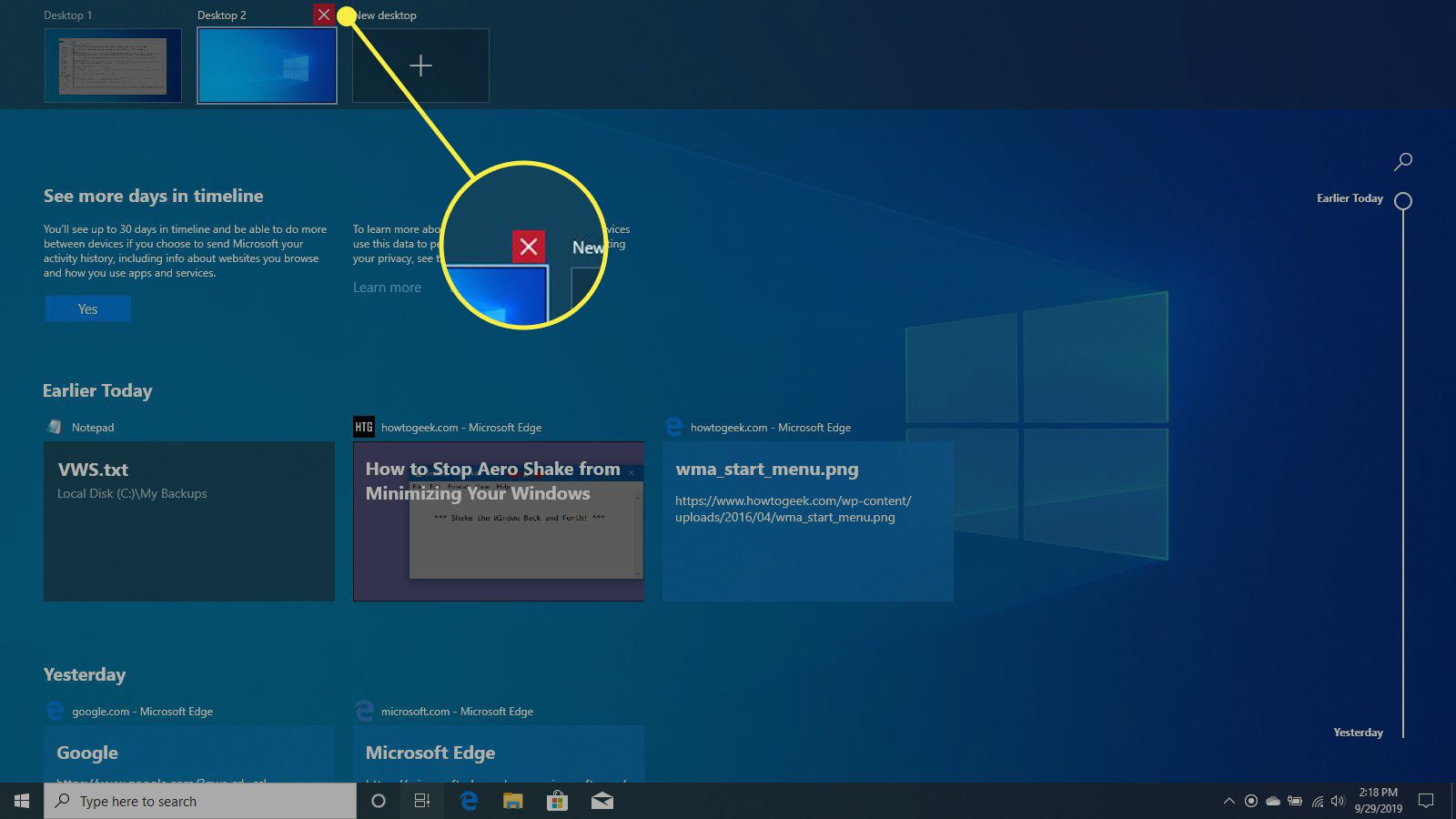 Sulje työpöytä -painike Windows 10:ssä