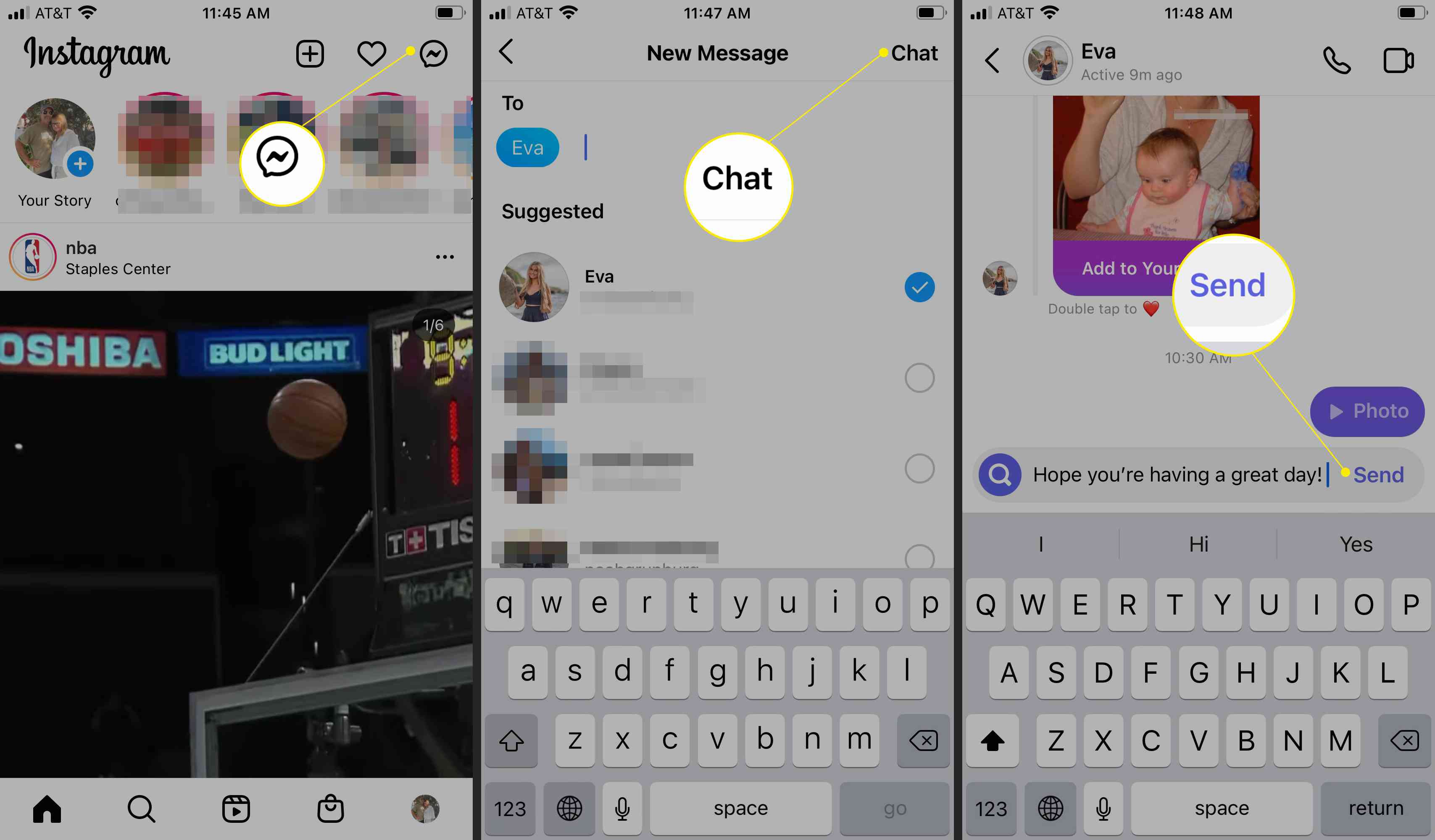 Instagramin uusi viestintäprosessi, jossa Messenger-logo, Chat ja Send korostettuina