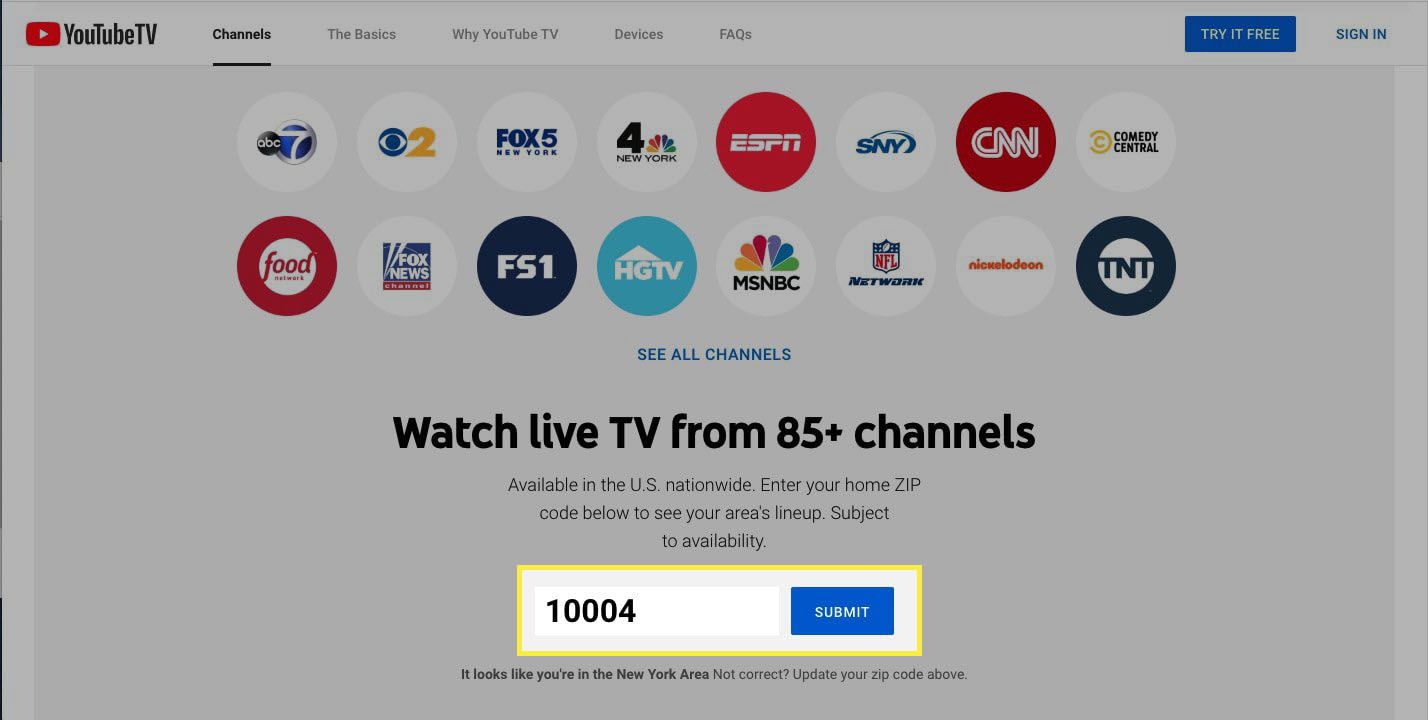 YouTube TV paikallisilla kanavilla saatavilla New York Cityn postinumerolla.