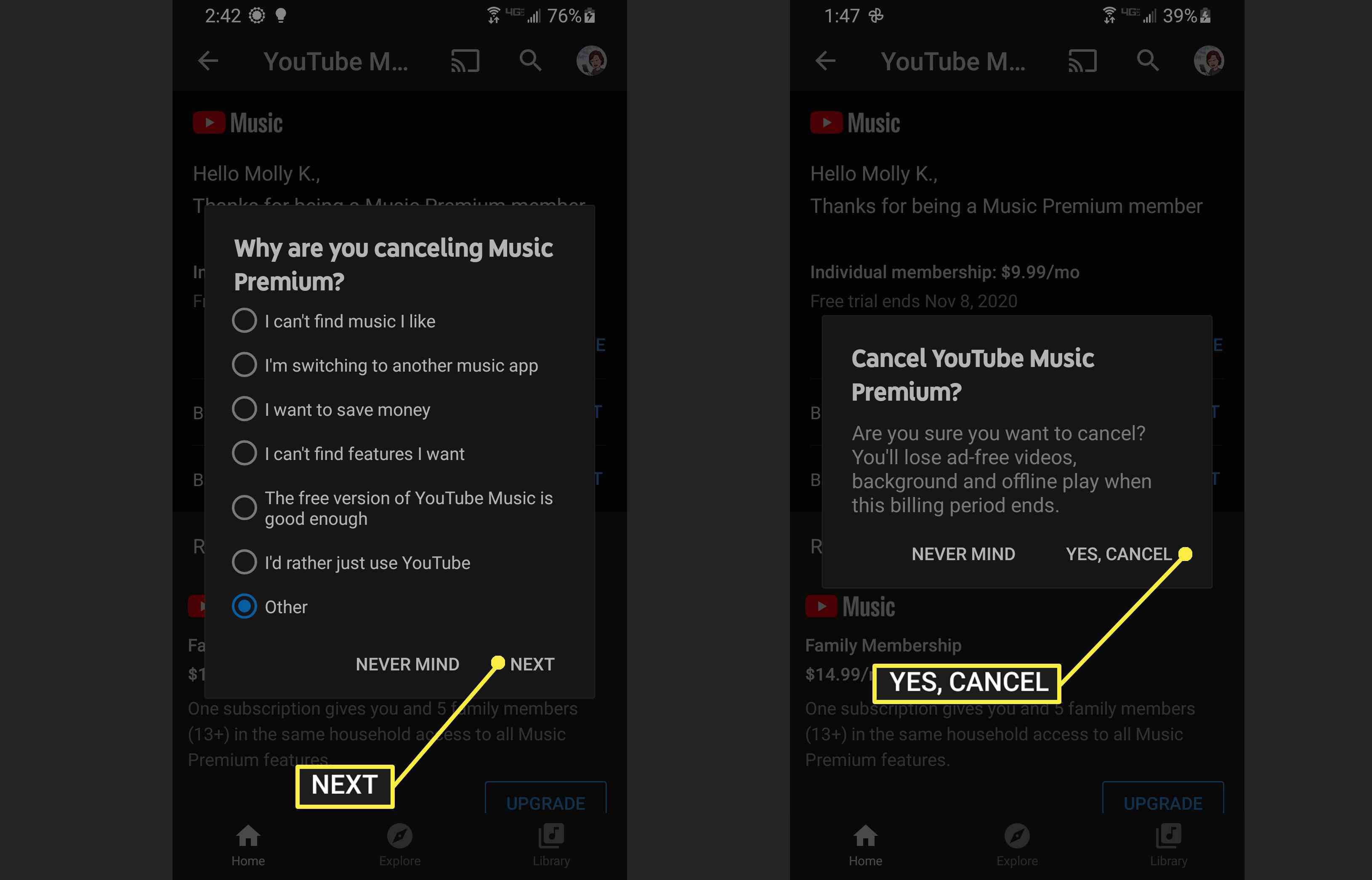 Peruuta YouTube Music mobiilisovelluksessa.