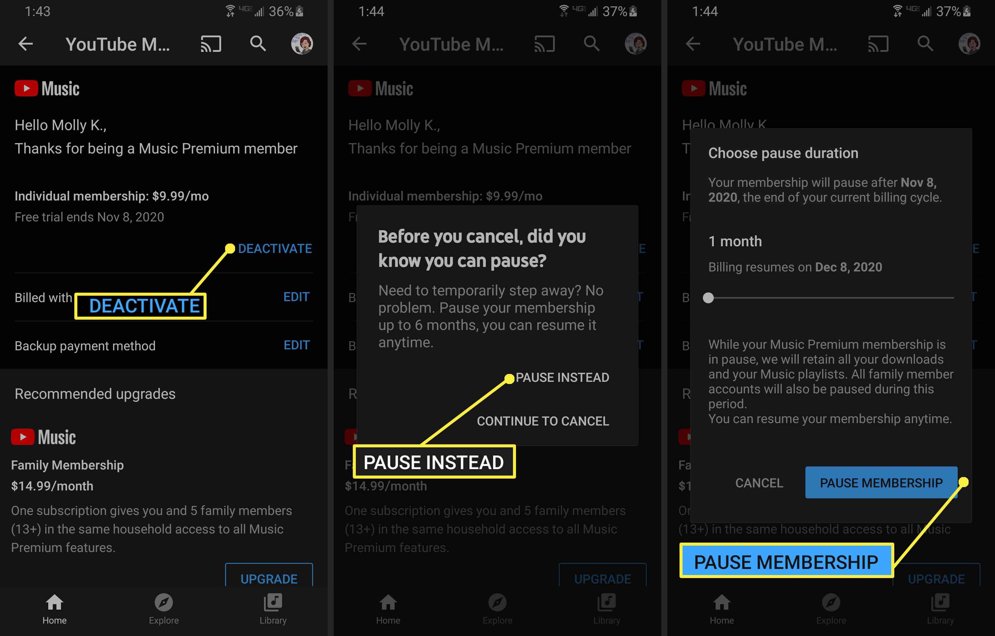 Peruuta YouTube Music mobiilisovelluksessa.