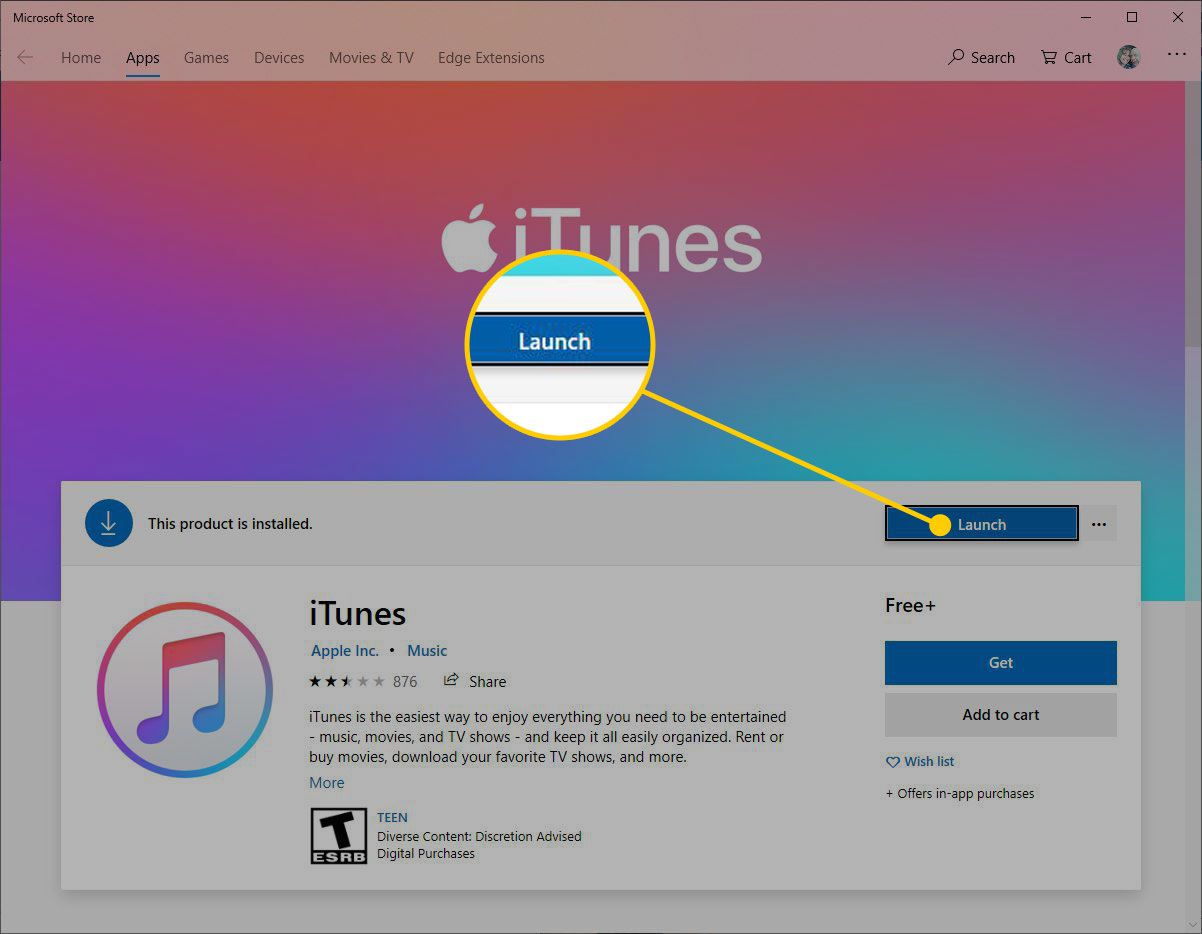 iTunes Microsoft Storessa, jossa Koti-painike on korostettuna