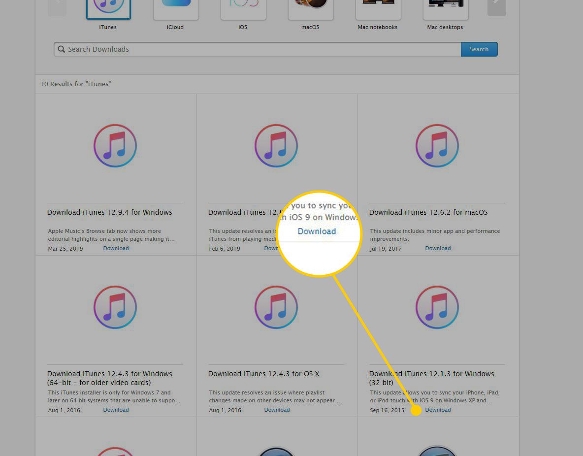 iTunes-sivut, joissa latauspainike on korostettuna