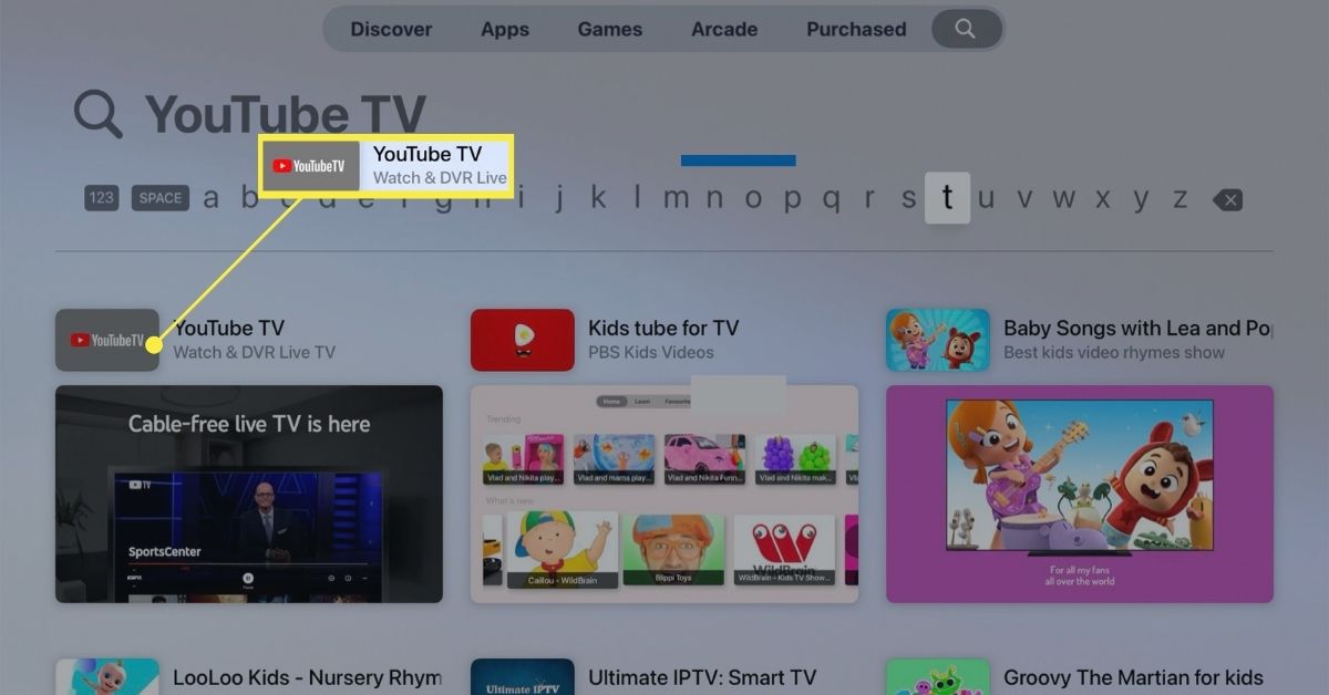 Apple TV App Store ja YouTube TV -sovellus hakutuloksissa