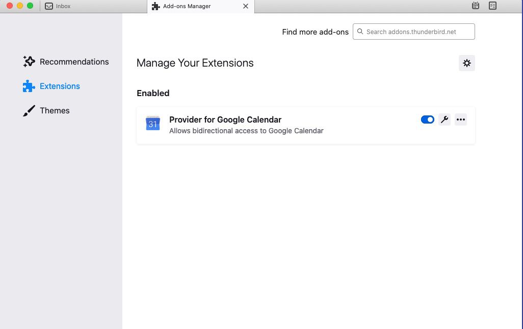 Thunderbird Extension Manager näyttää Provider for Google Calendar