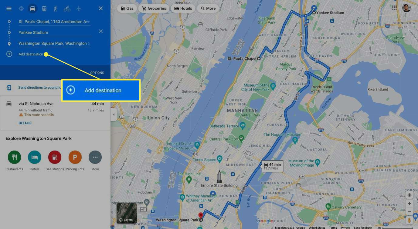 New Yorkin reitti Google Mapsissa ja Lisää määränpää korostettuna