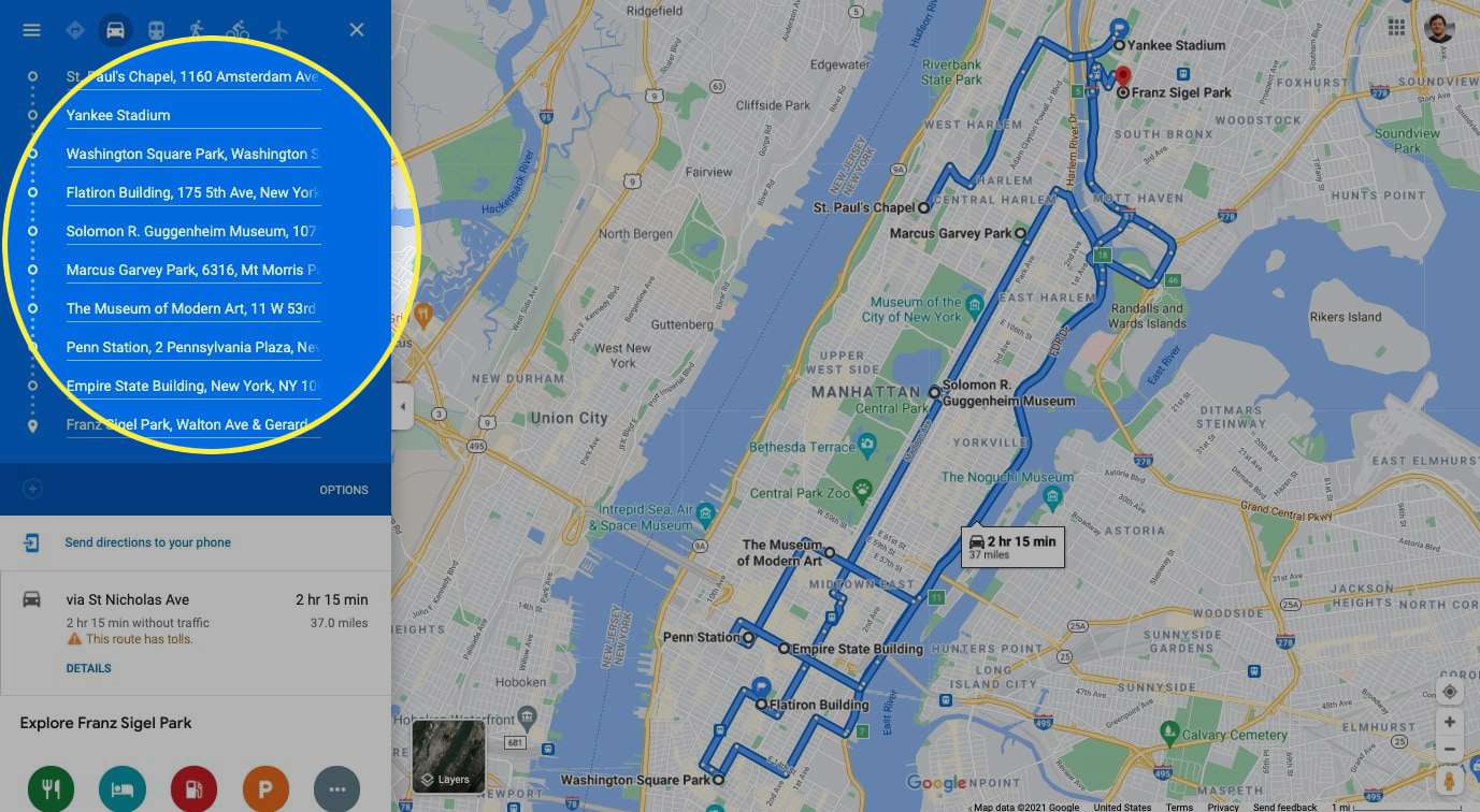 New York Cityn Google Maps -reitti, jossa on korostettuna useita lisättyjä kohteita