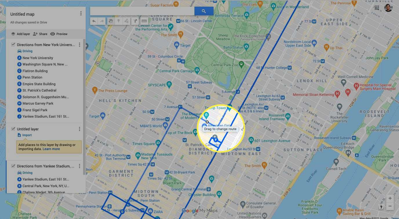 Säädä reittiä Google My Mapsissa vetämällä muuttaaksesi reittiä korostettuna