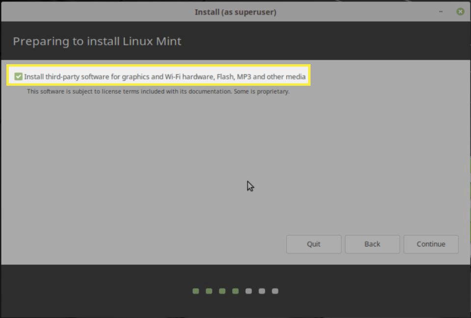 Linux Mint Installer kolmannen osapuolen ohjelmistovaihtoehto