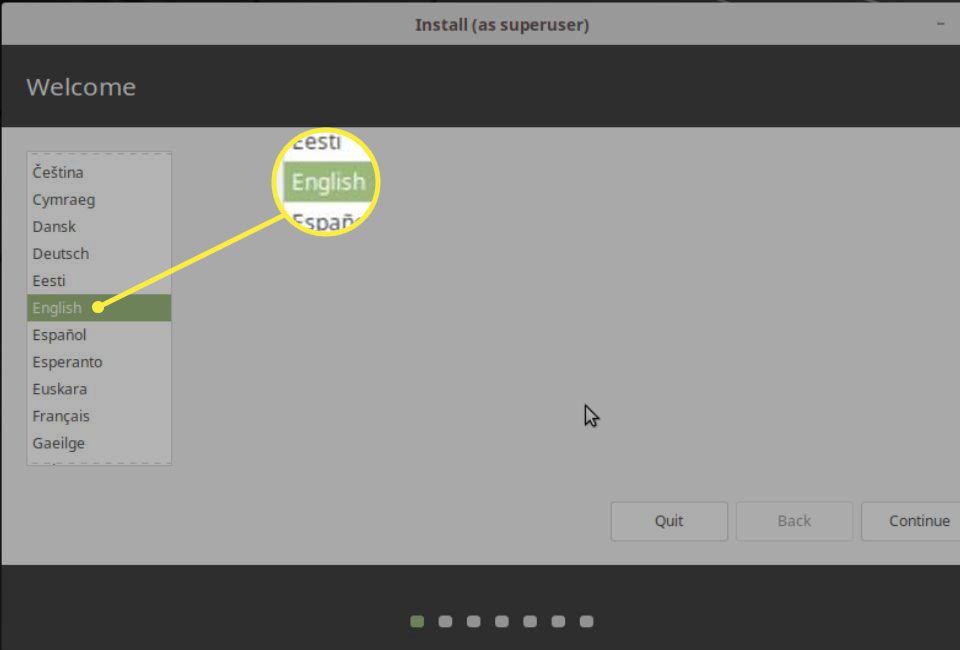 Kielen valinta Linux Mint -asennusohjelmalle