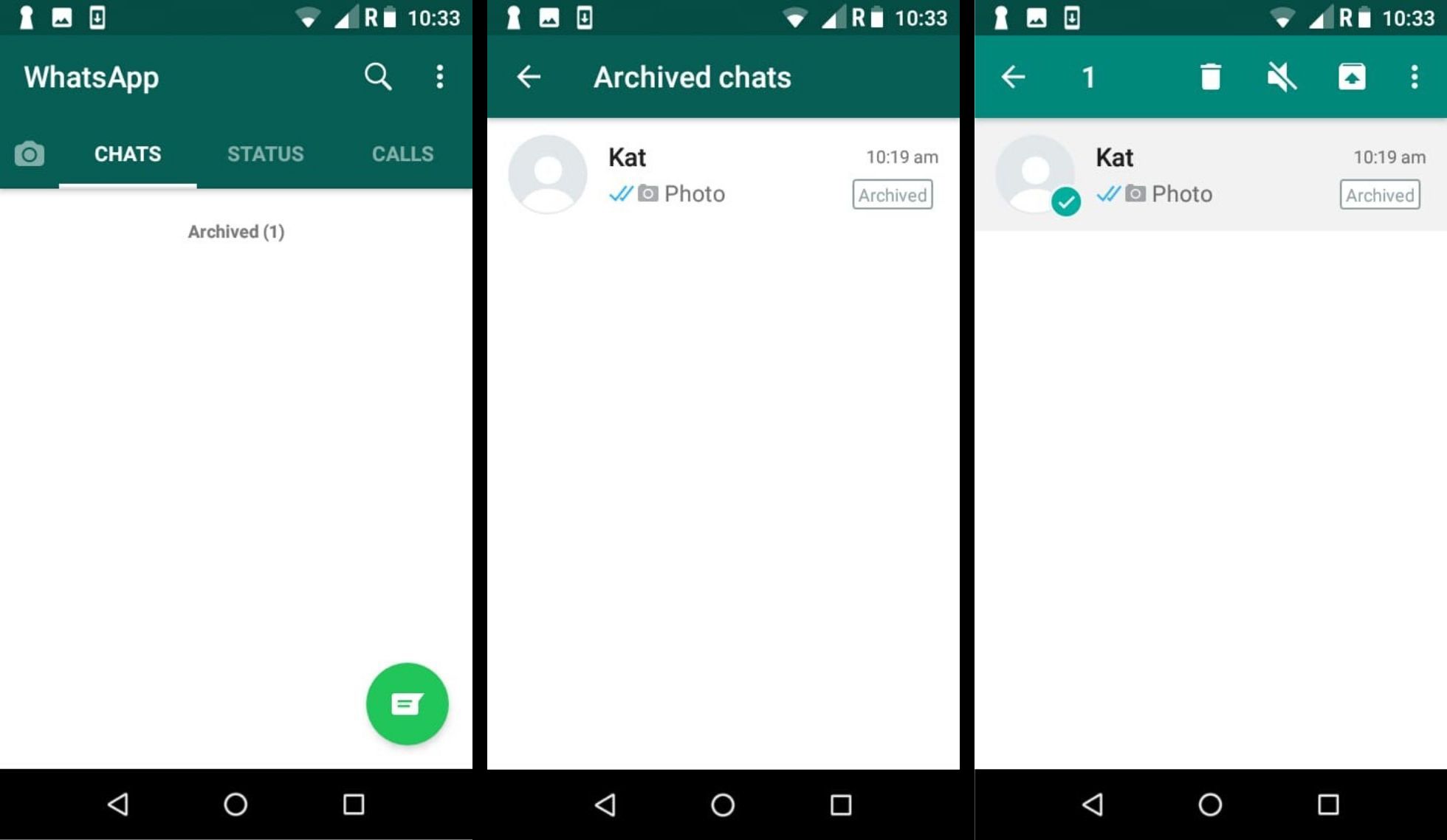 Viestien arkistointi WhatsApp for Android -sovelluksessa.