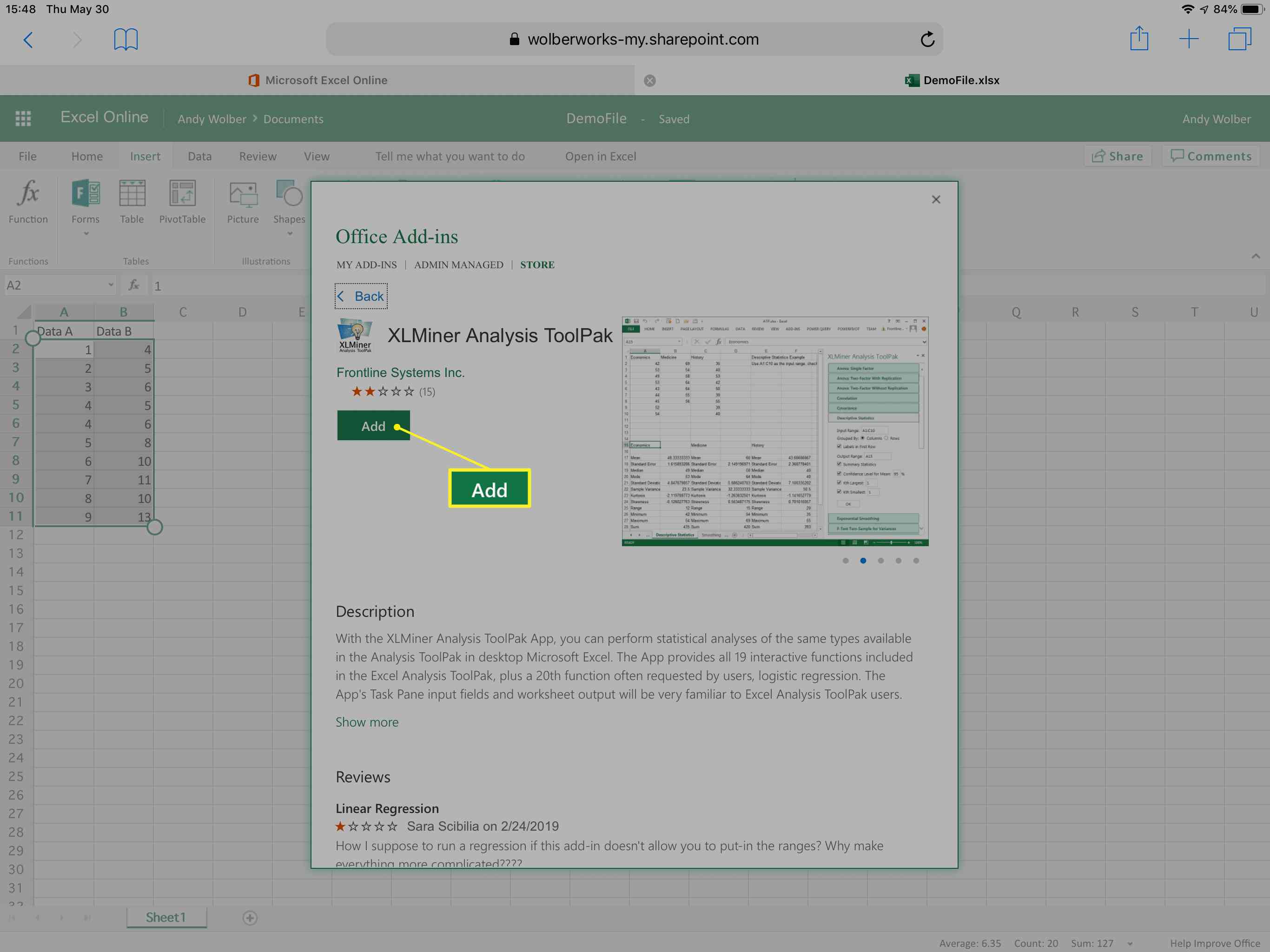 XLMiner Analysis ToolPak Lisää-painike korostettuna