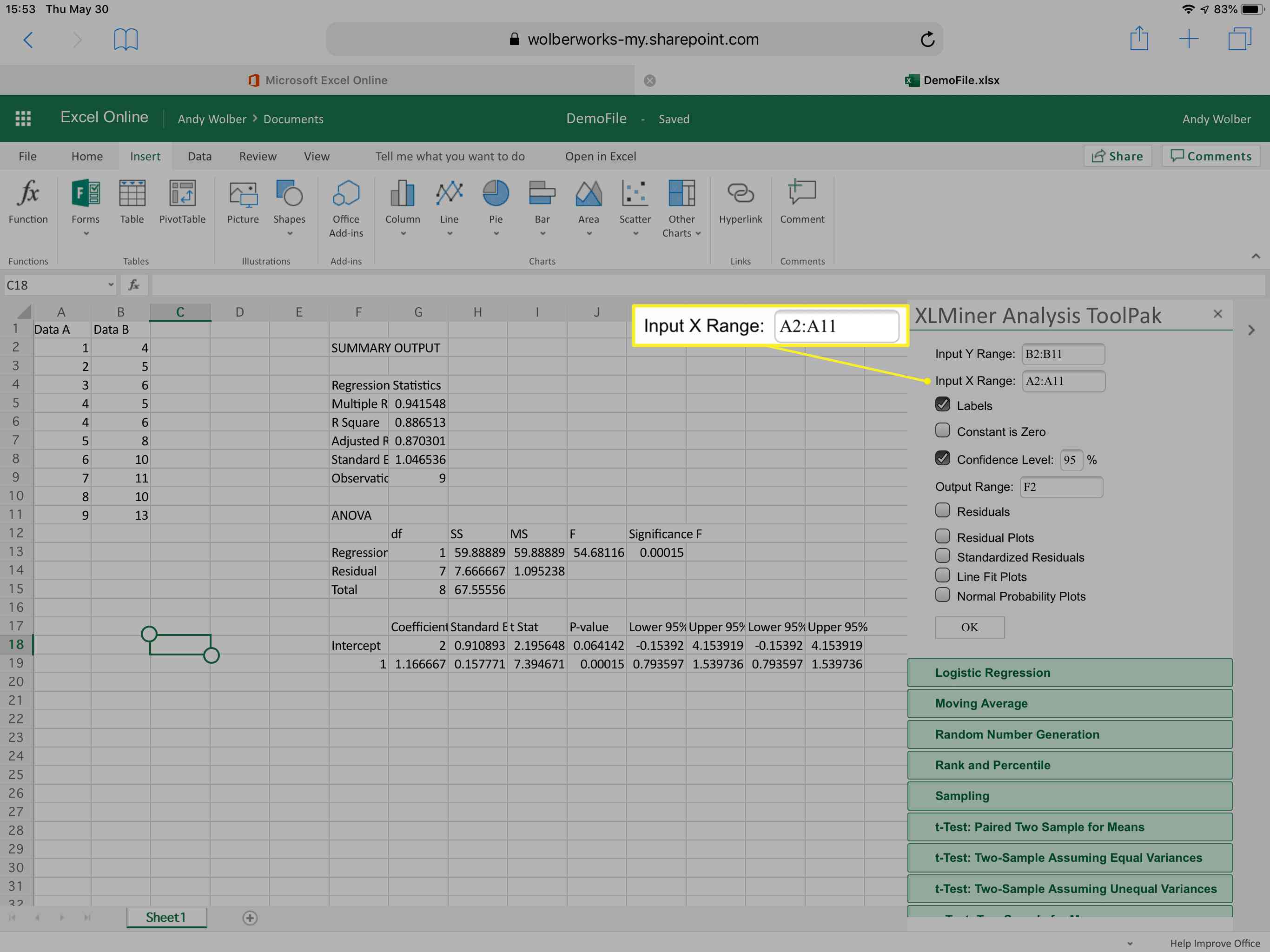 XLMiner Analysis ToolPakissa näkyvät lineaariset regressiokentät Input X Range korostettuna