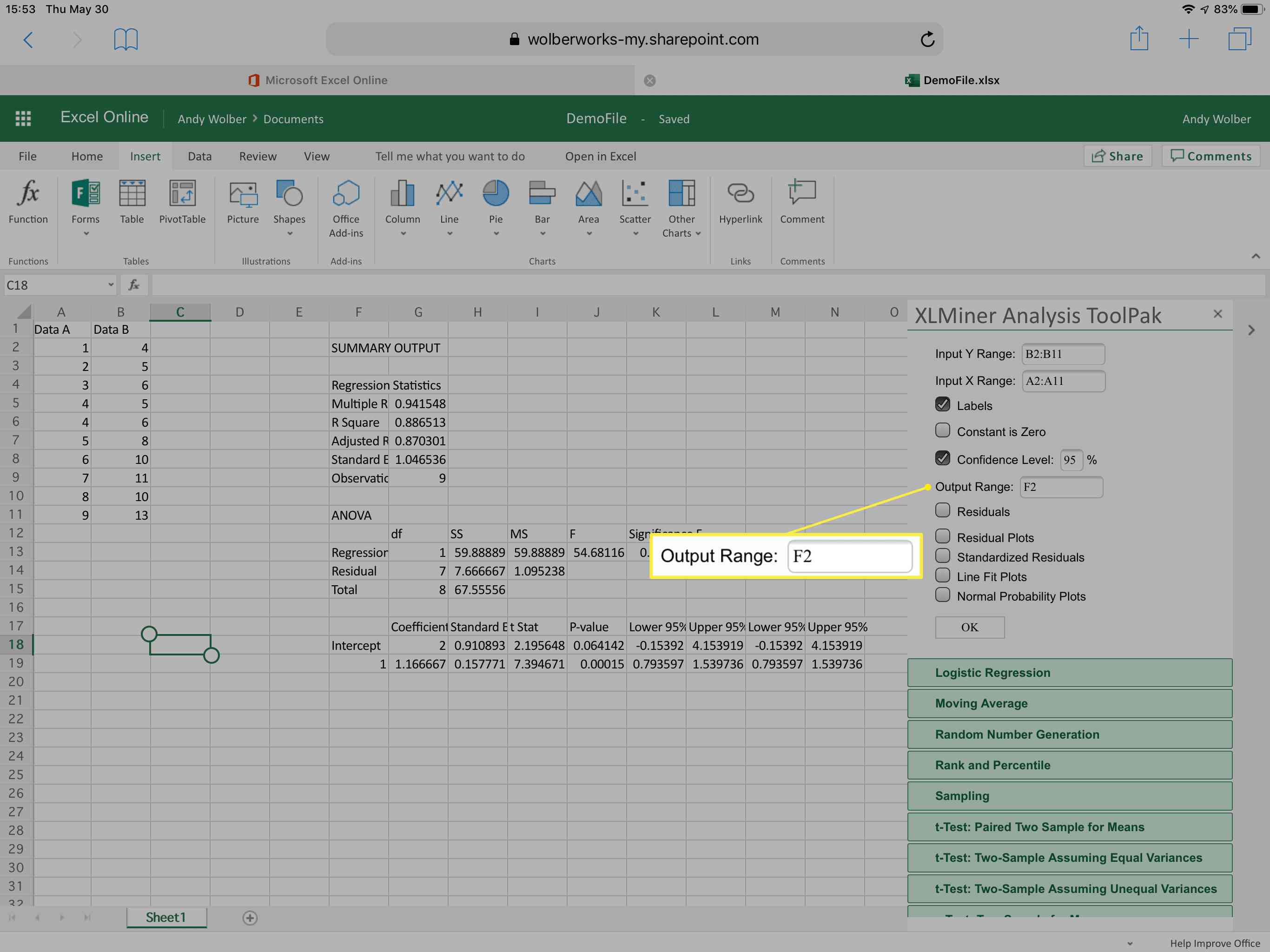 XLMiner Analysis Toolpak -tulostusalue