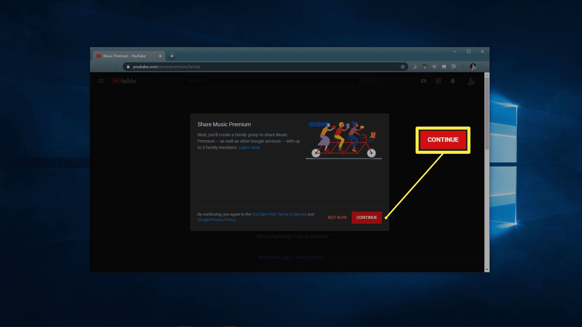 Painike, jolla voit jatkaa YouTube Music Premium -perhepaketin määrittämistä.
