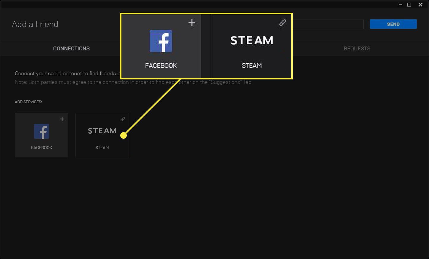 Facebook- ja Steam-asetukset kohdassa "Lisää palveluja"