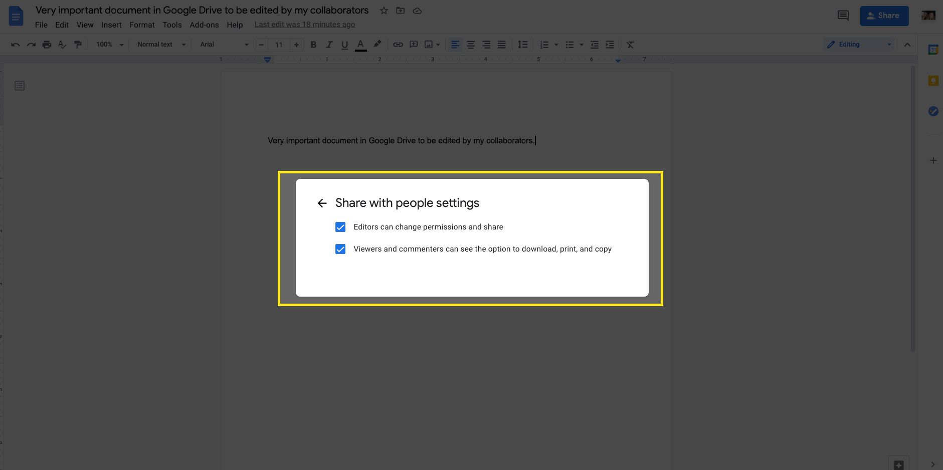 Google Drive -vaihtoehdot muokkaajille, katsojille ja kommentoijille korostettuina