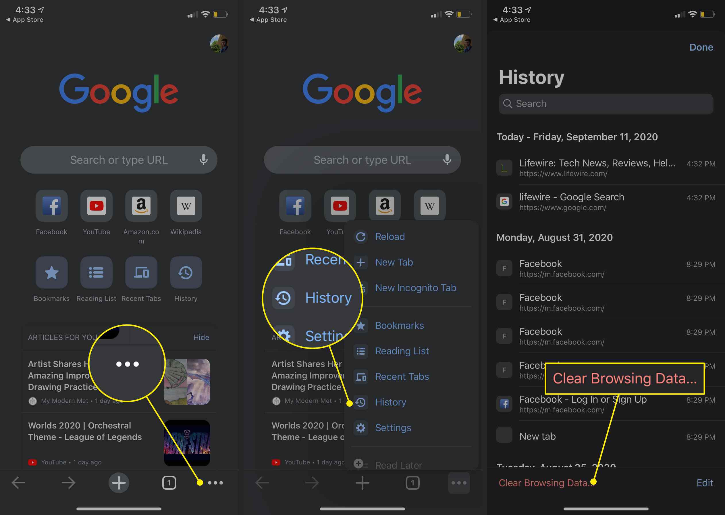 Lisää-valikko, Historia-otsikko ja Selaustietojen tyhjennyspainikkeet Google mobiililaitteille -palvelussa