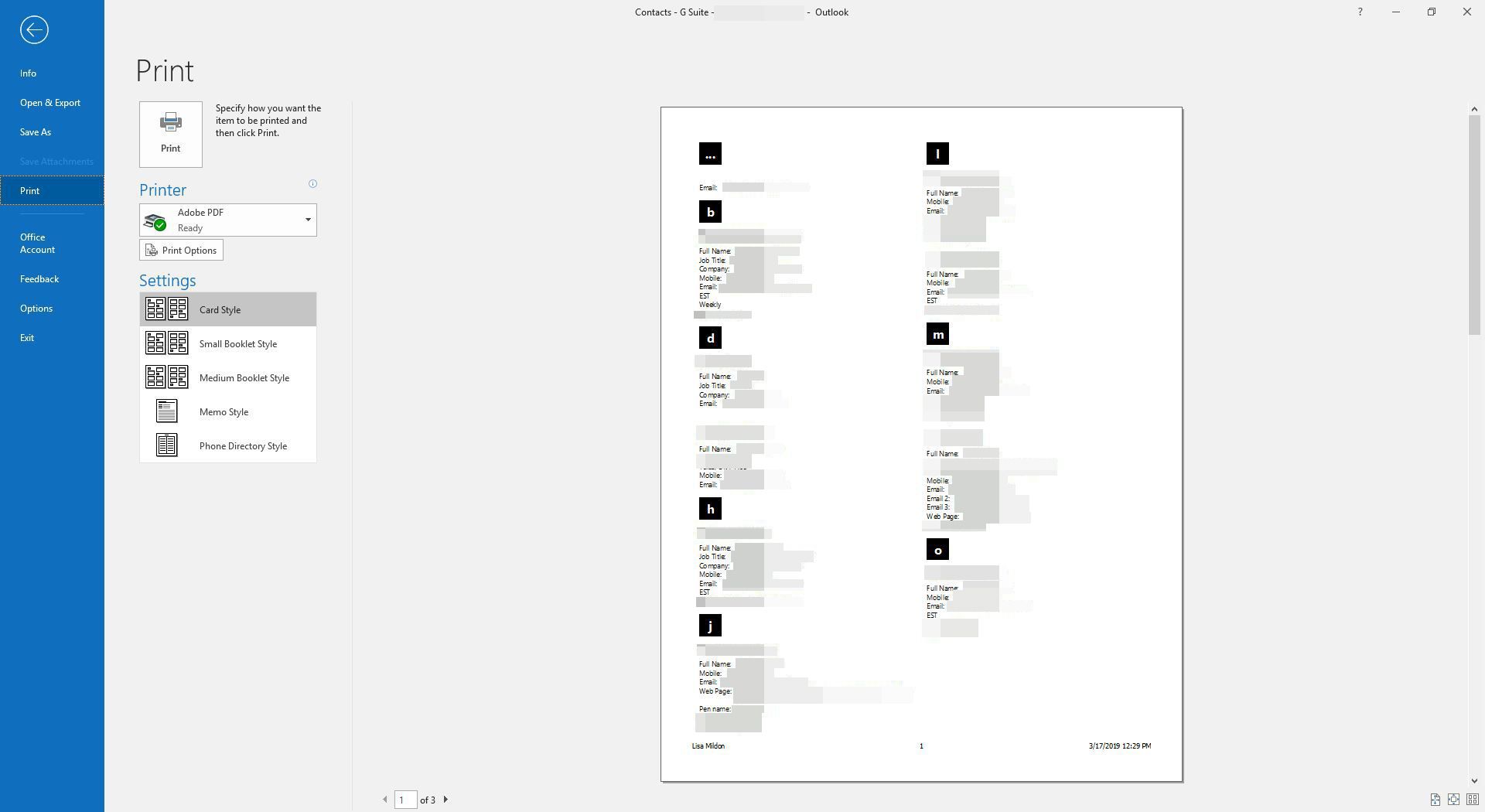 Outlook-yhteystietojen tulostuksen esikatselu.