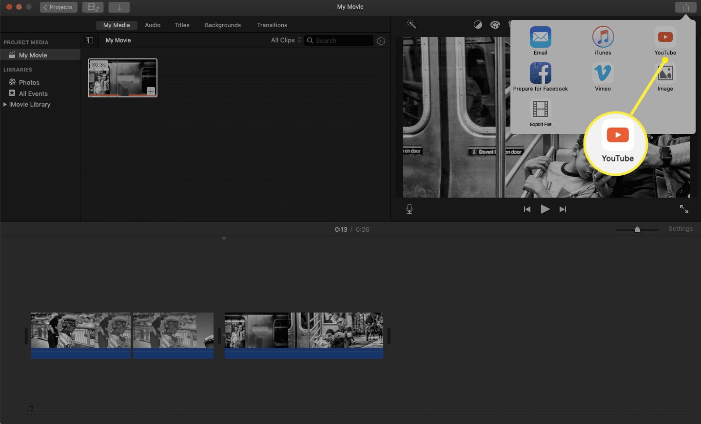 Jaa iMovie-välilehti You Tube -kuvake korostettuna.