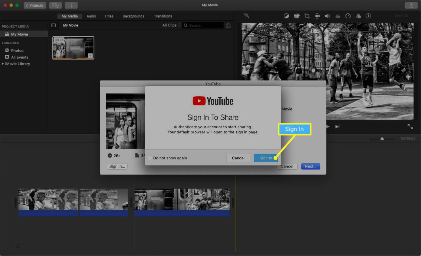iMovie näyttää YouTube-kirjautumisen ponnahdusvalikon.