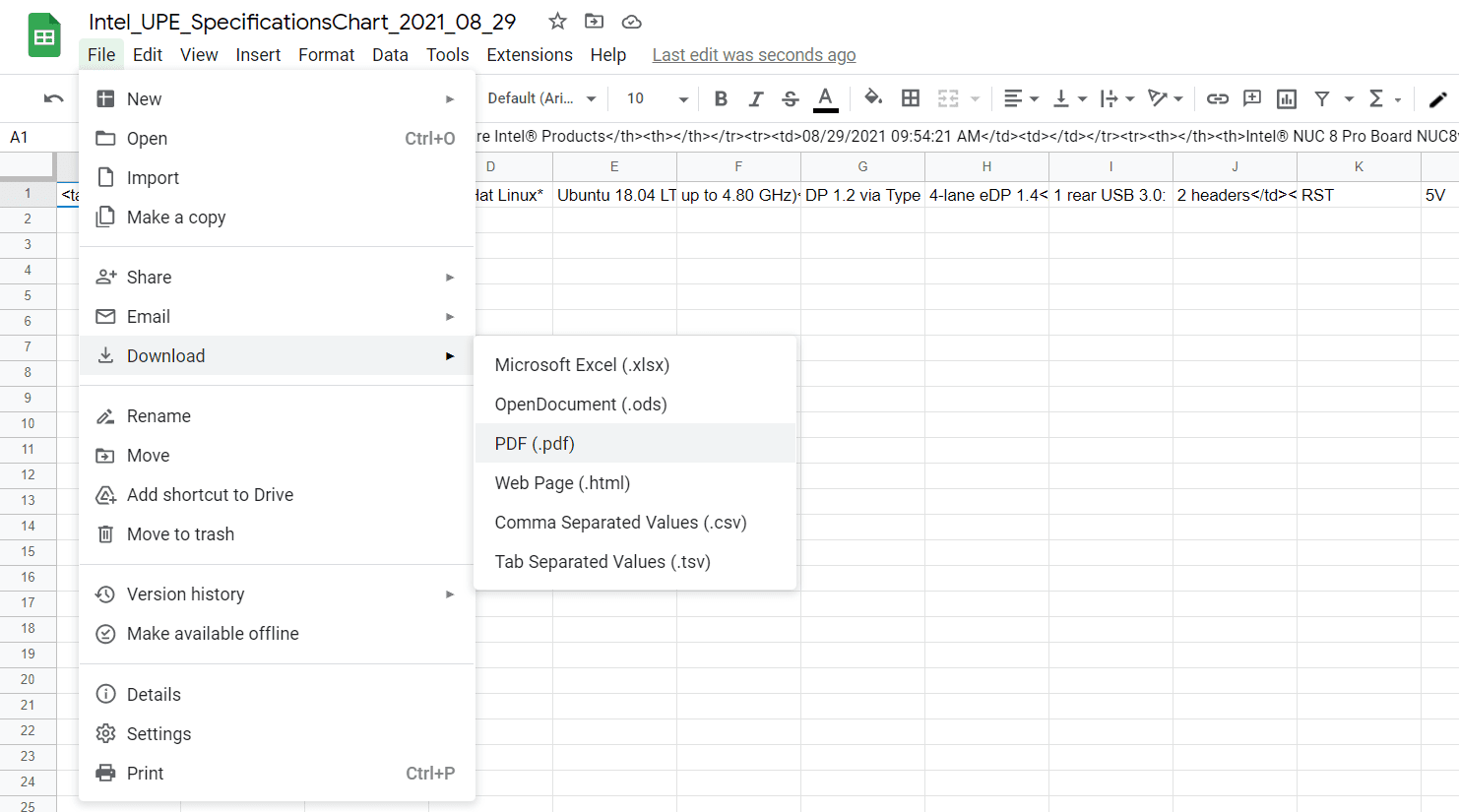 Lataa Google Sheets PDF-vaihtoehtona