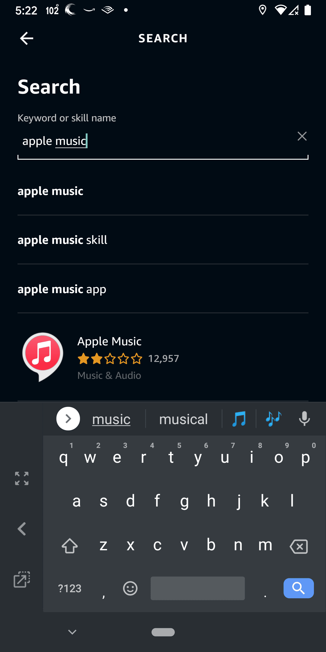 Apple Music korostettuna Alexa-sovelluksessa.