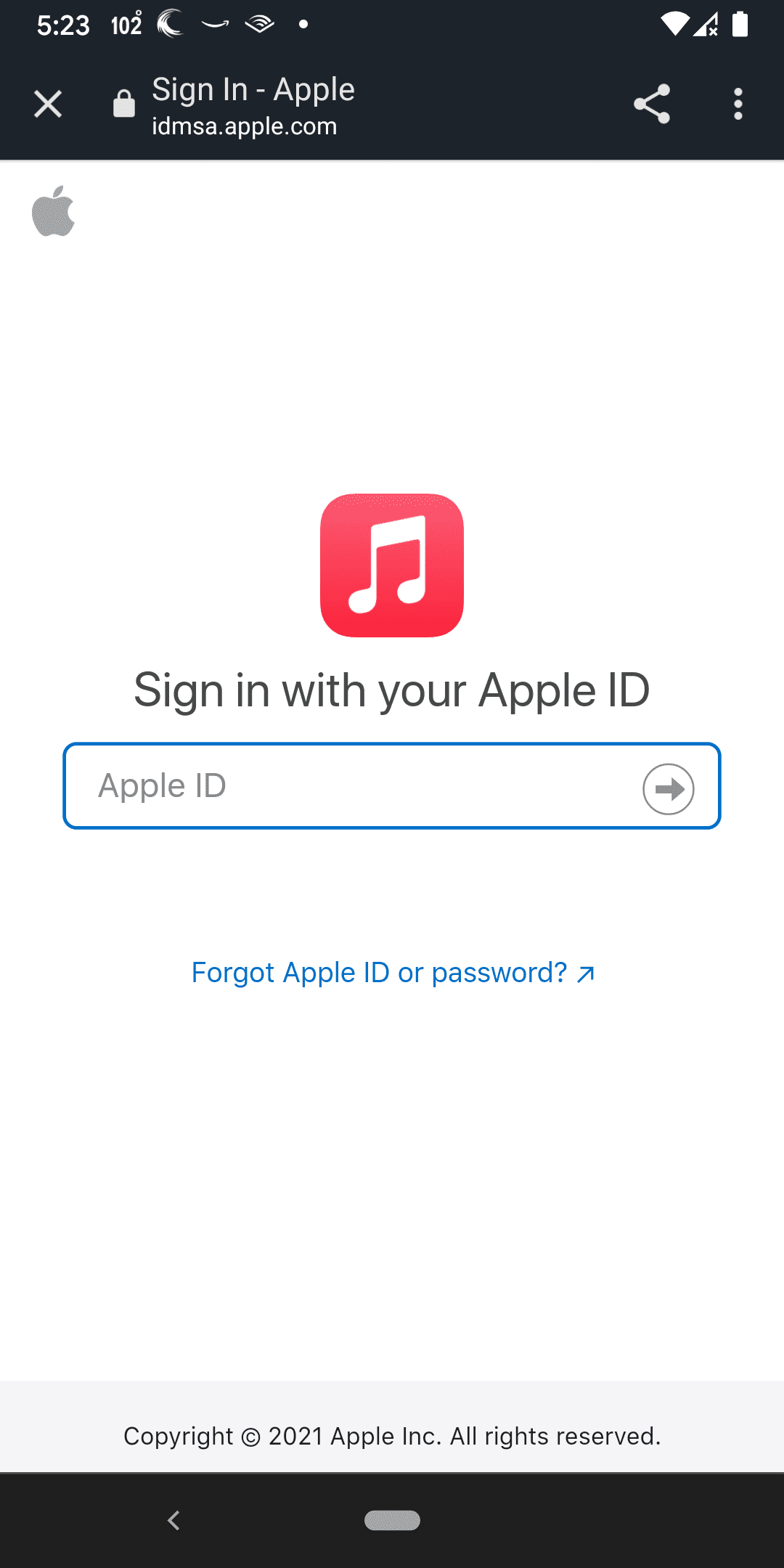 Apple ID korostettuna Applen kirjautumisnäytössä.