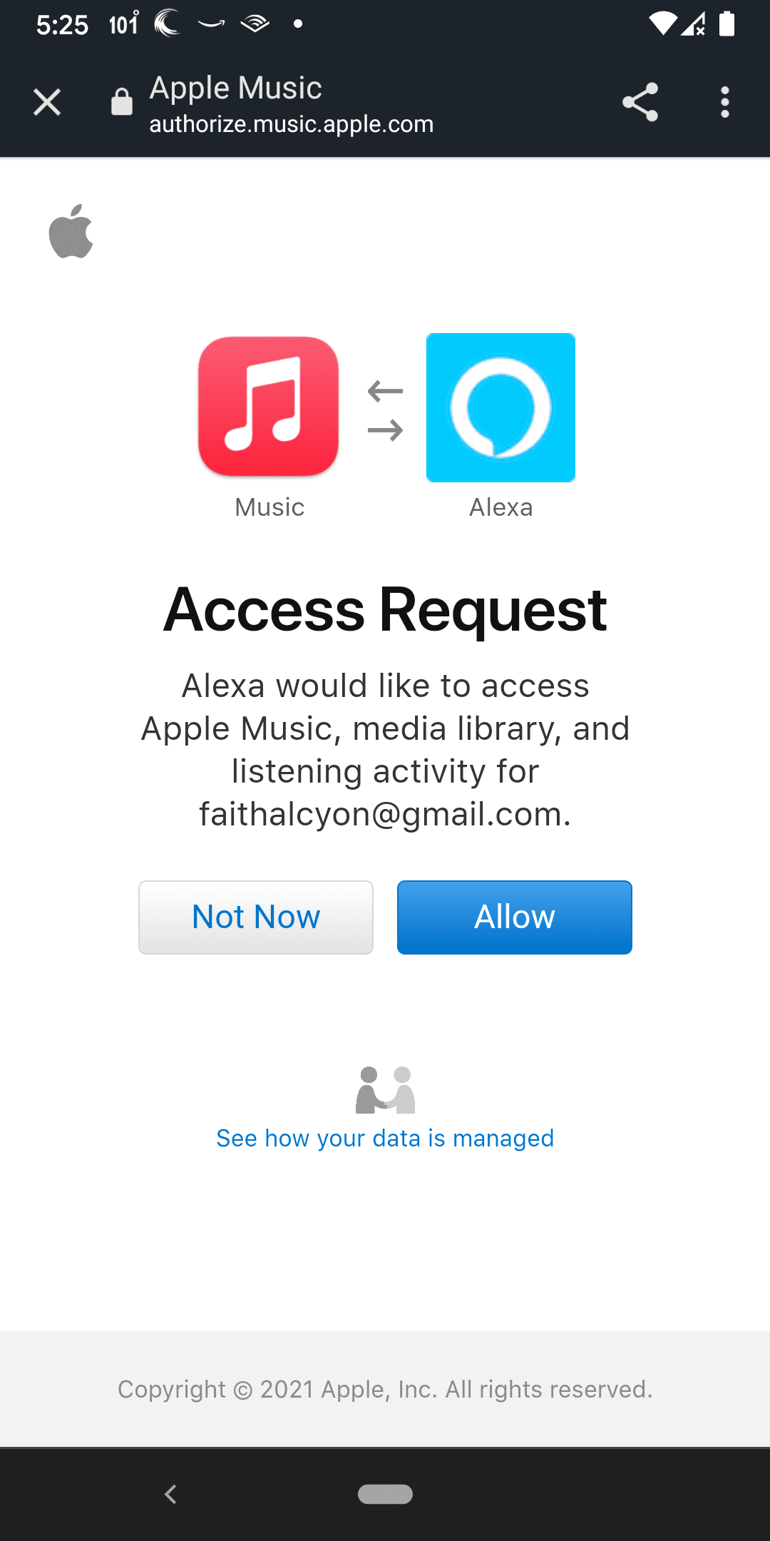 Salli merkitty Apple Music Alexa -linkkipyyntöön.