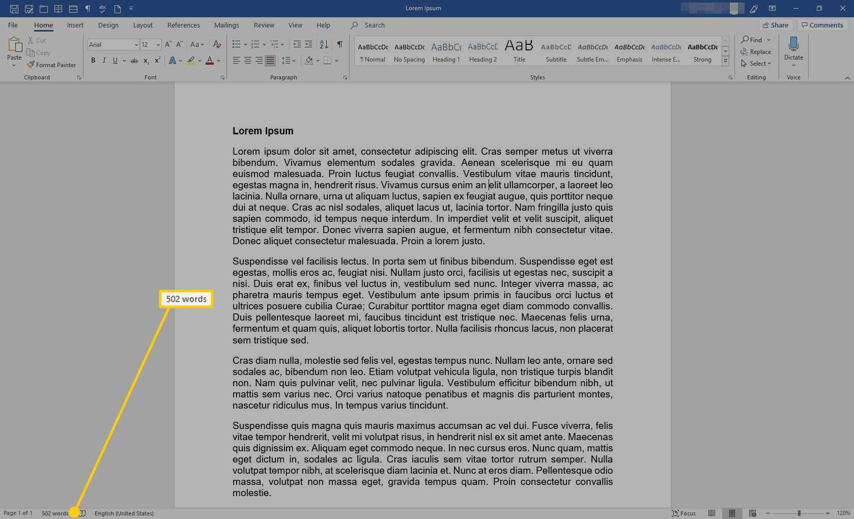 Microsoft Word sanamäärä korostettuna