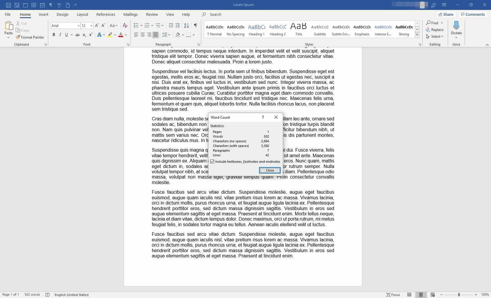 MS Word, jossa Word Count -ikkuna on näkyvissä