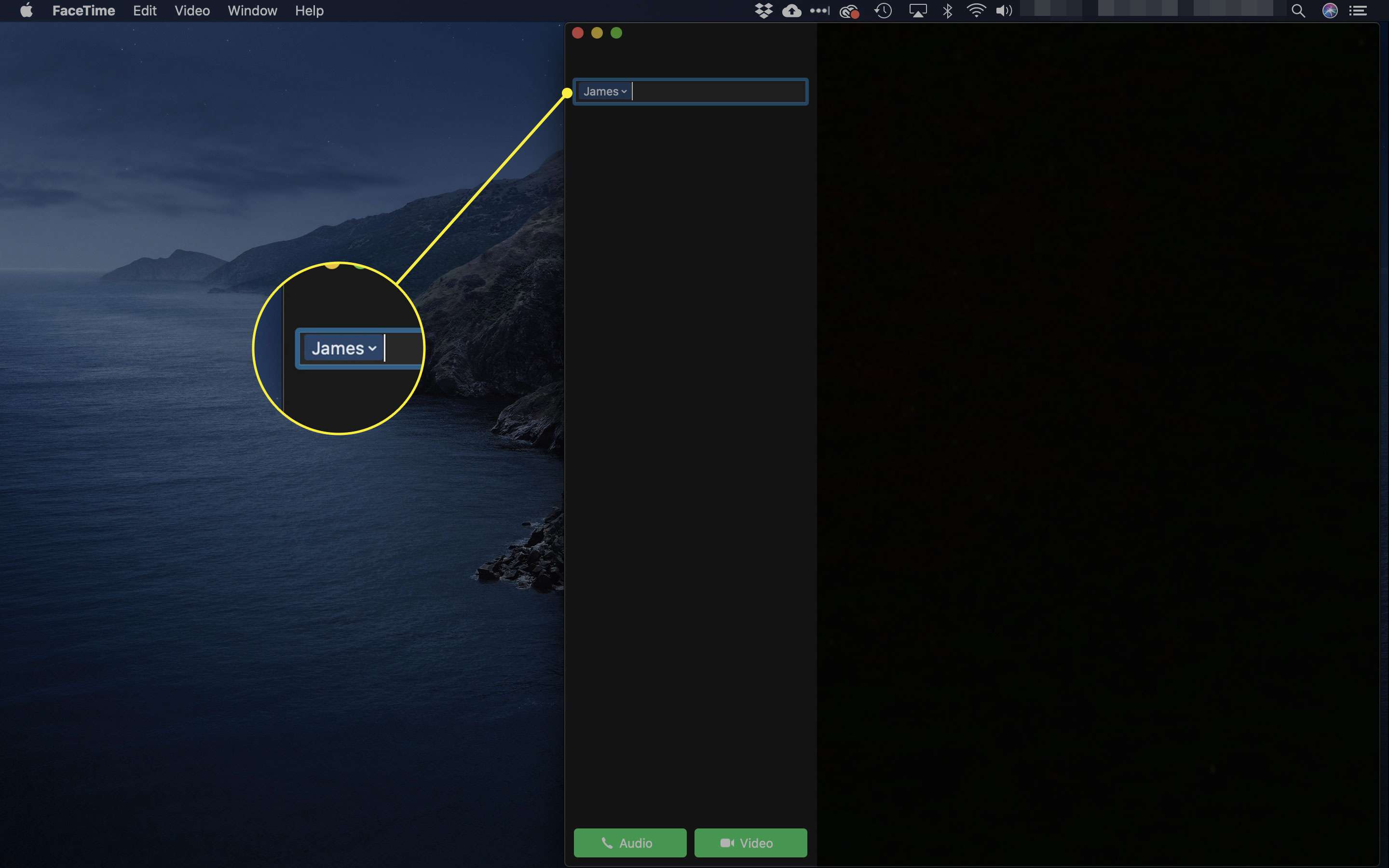 FaceTime macOS:lle hakukenttä korostettuna