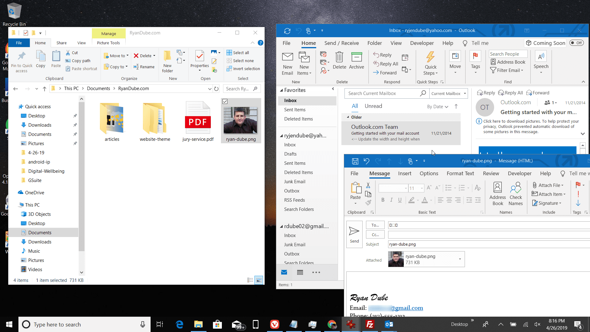 Kuvakaappaus tiedoston vetämisestä Outlookin postilaatikkoon
