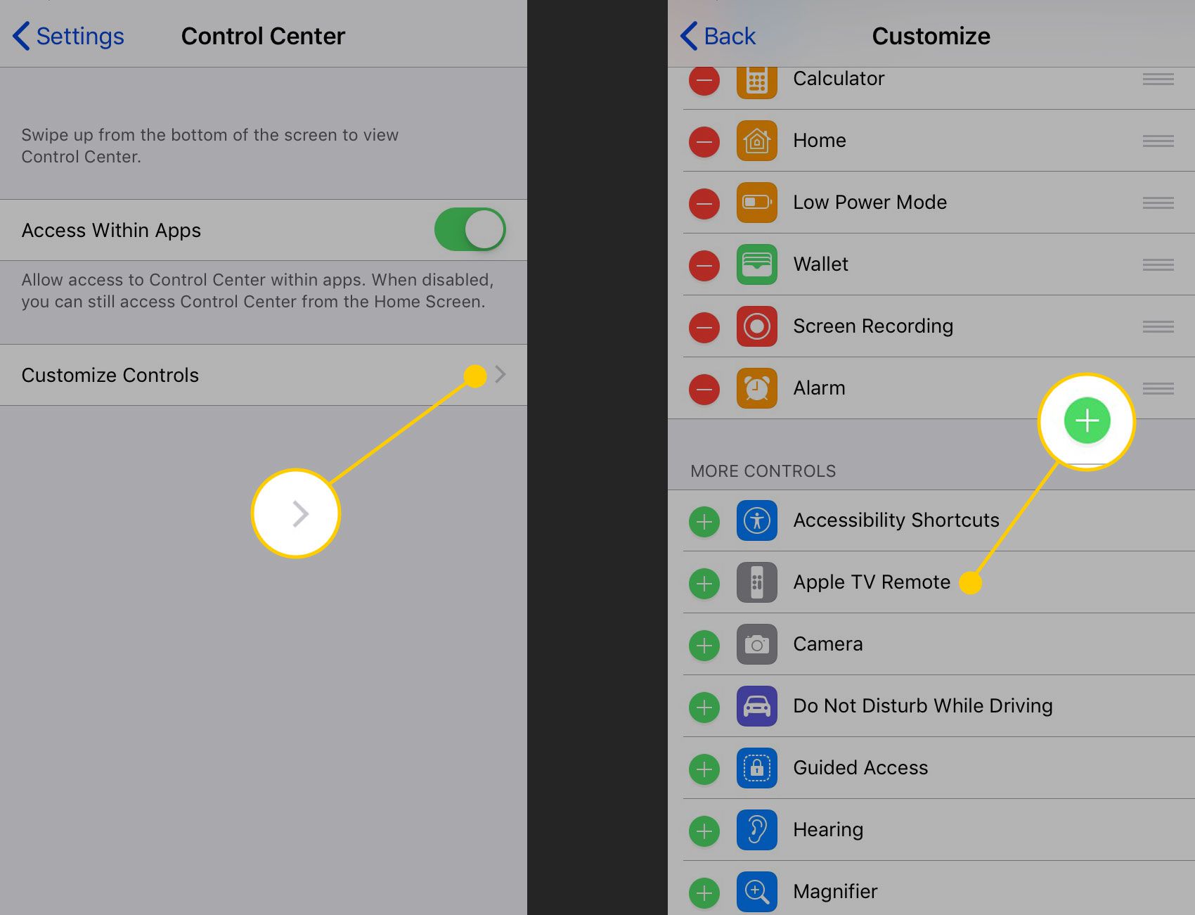 Säädä Ohjauskeskuksen ohjausasetuksia siten, että Apple TV Remote -vaihtoehto on korostettuna