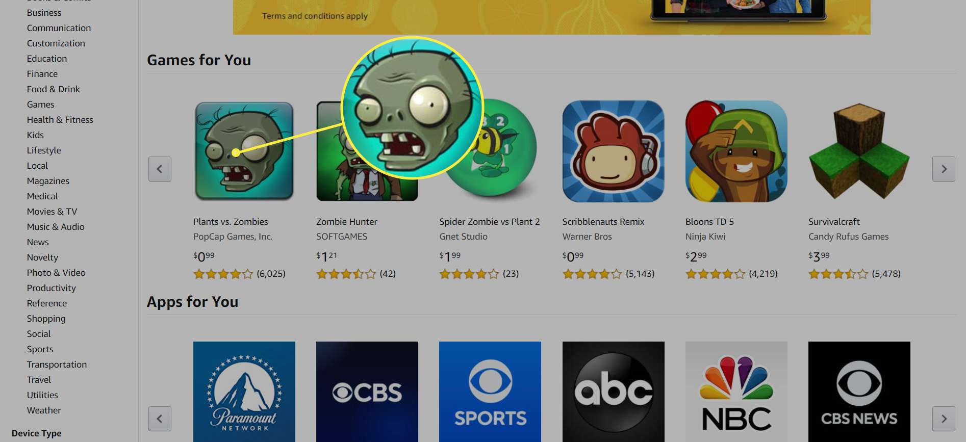 Amazon App Store, jossa on peli Plants vs.  Zombies esillä