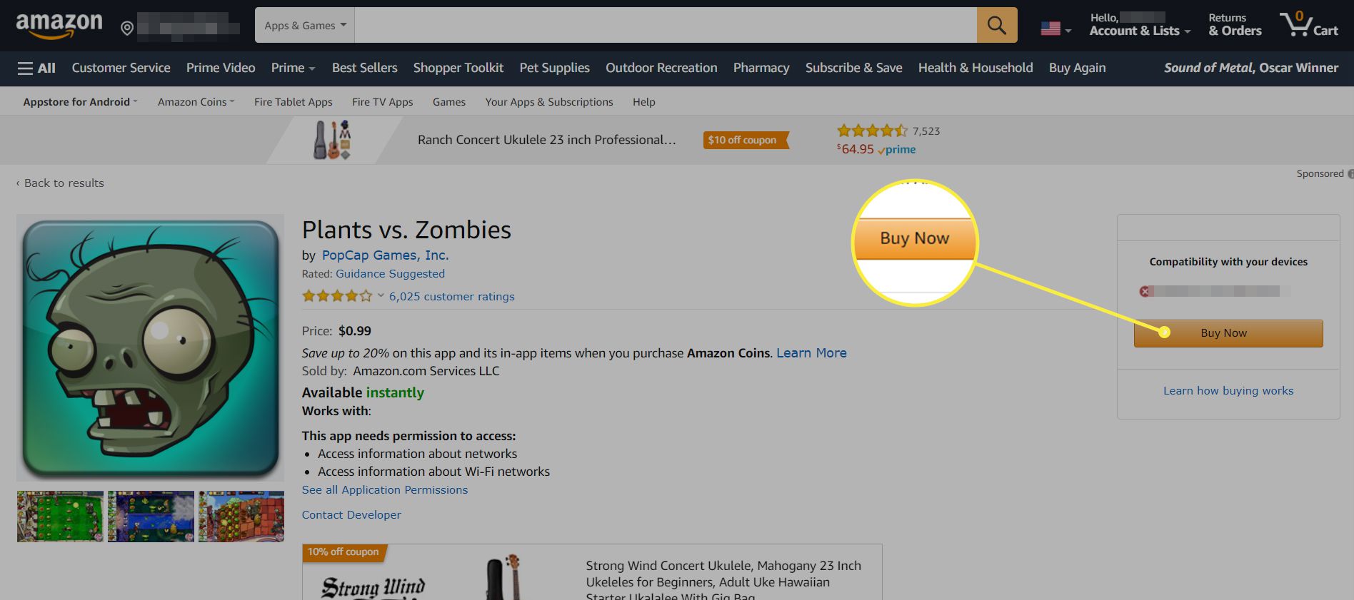 Amazon-sivusto, jossa on listaussivu pelille Plants vs.  Zombies esillä.  Osta nyt -painike on korostettuna.