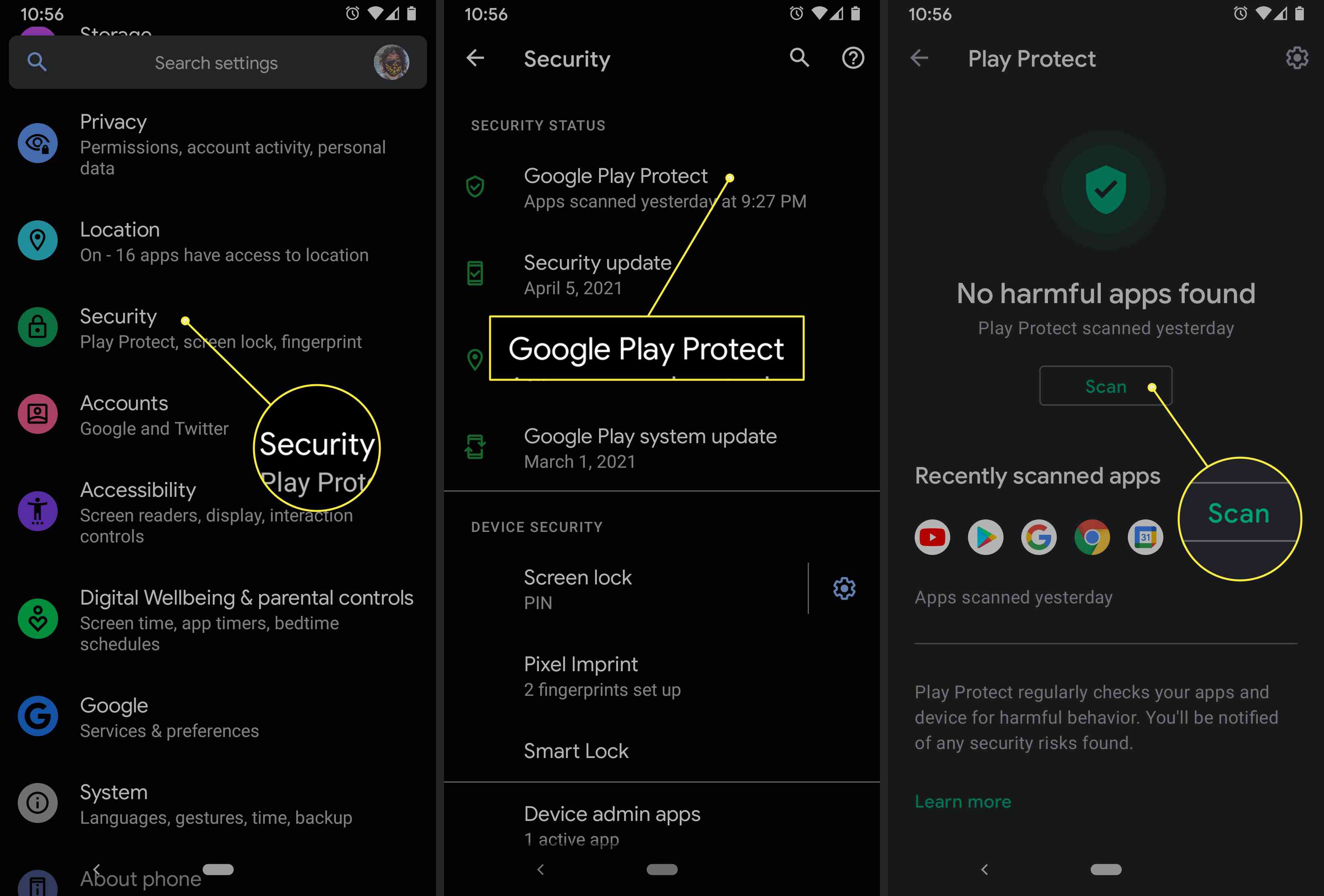 Android-käyttäjä voi käyttää Google Play Protectin asetuksia