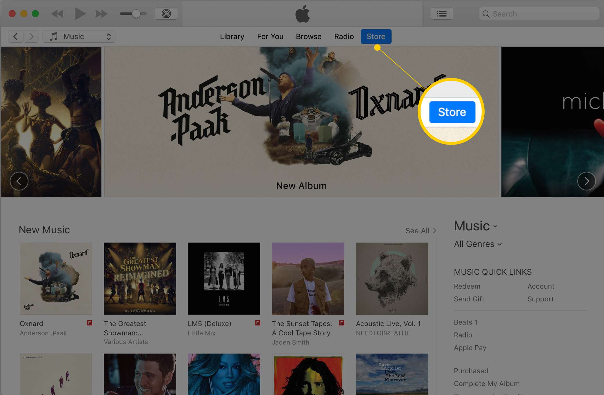 iTunes macOS:ssä, jossa näkyy Store-painike ylänavigointipalkin kuvakaappauksissa