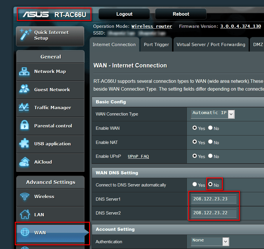 DNS-asetukset ASUS RT-AC66U -reitittimessä