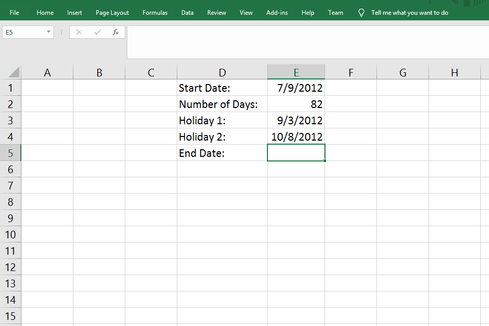 Excel-solu E5 valittu