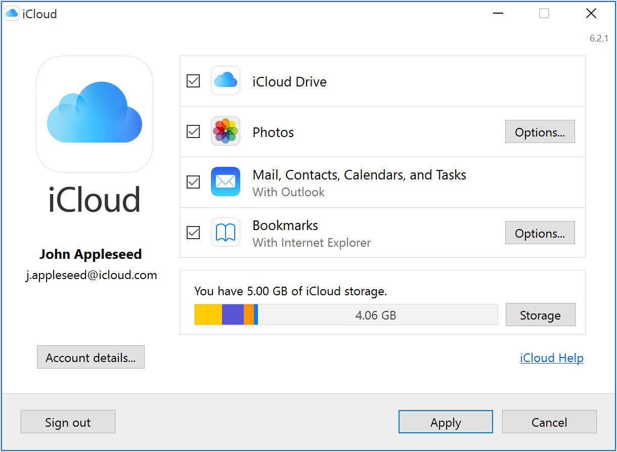 iCloud for Windows 10 näyttää useita synkronointiominaisuuksia