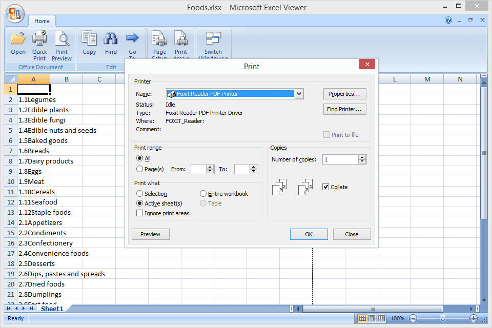 Kuvakaappaus PDF-tulostimesta, jota käytetään Microsoft Excel Viewerin kanssa