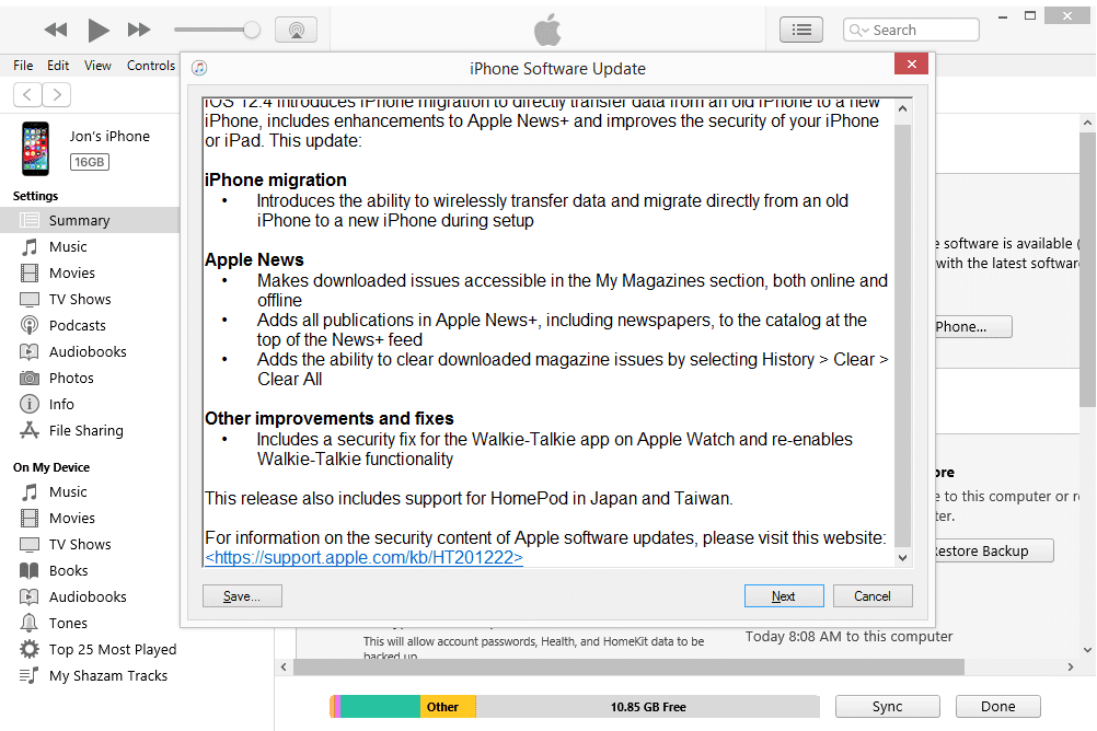 Pyydä iPhonen ohjelmistopäivitystä iTunes for Windowsissa iOS 12 -päivityksen aikana