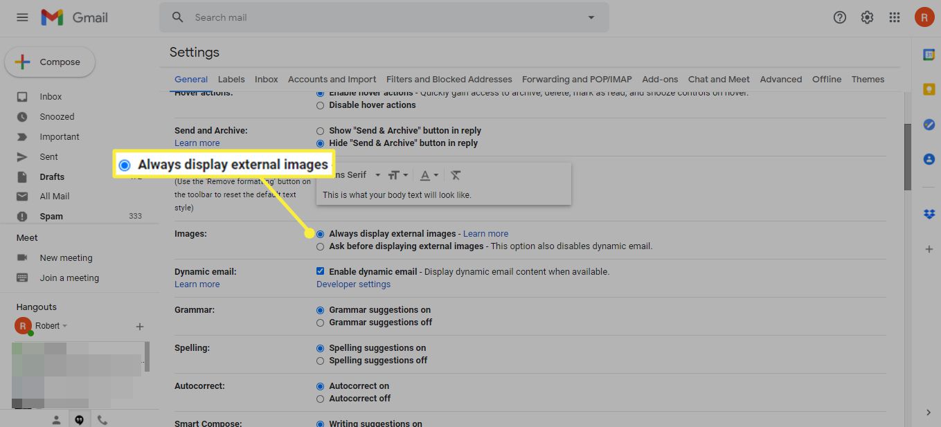 Näytä aina ulkoiset kuvat Gmailin asetuksissa