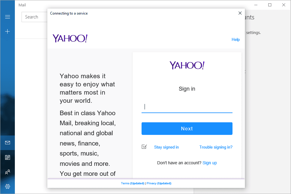 Yahoo Mail -kirjautumiskehote Windows 10 Mailissa