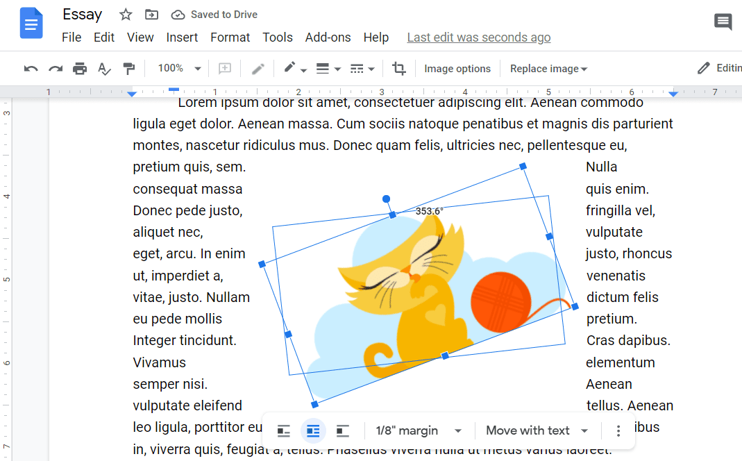 Kuvakaappaus kierretystä kuvasta Google Docsissa